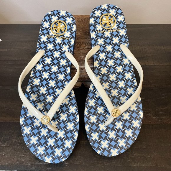 Tory Burch Shoes - TORY Burch Flip Flops Navy Cream Geo Logo Print Thin Thong Sandals 11 M NEW